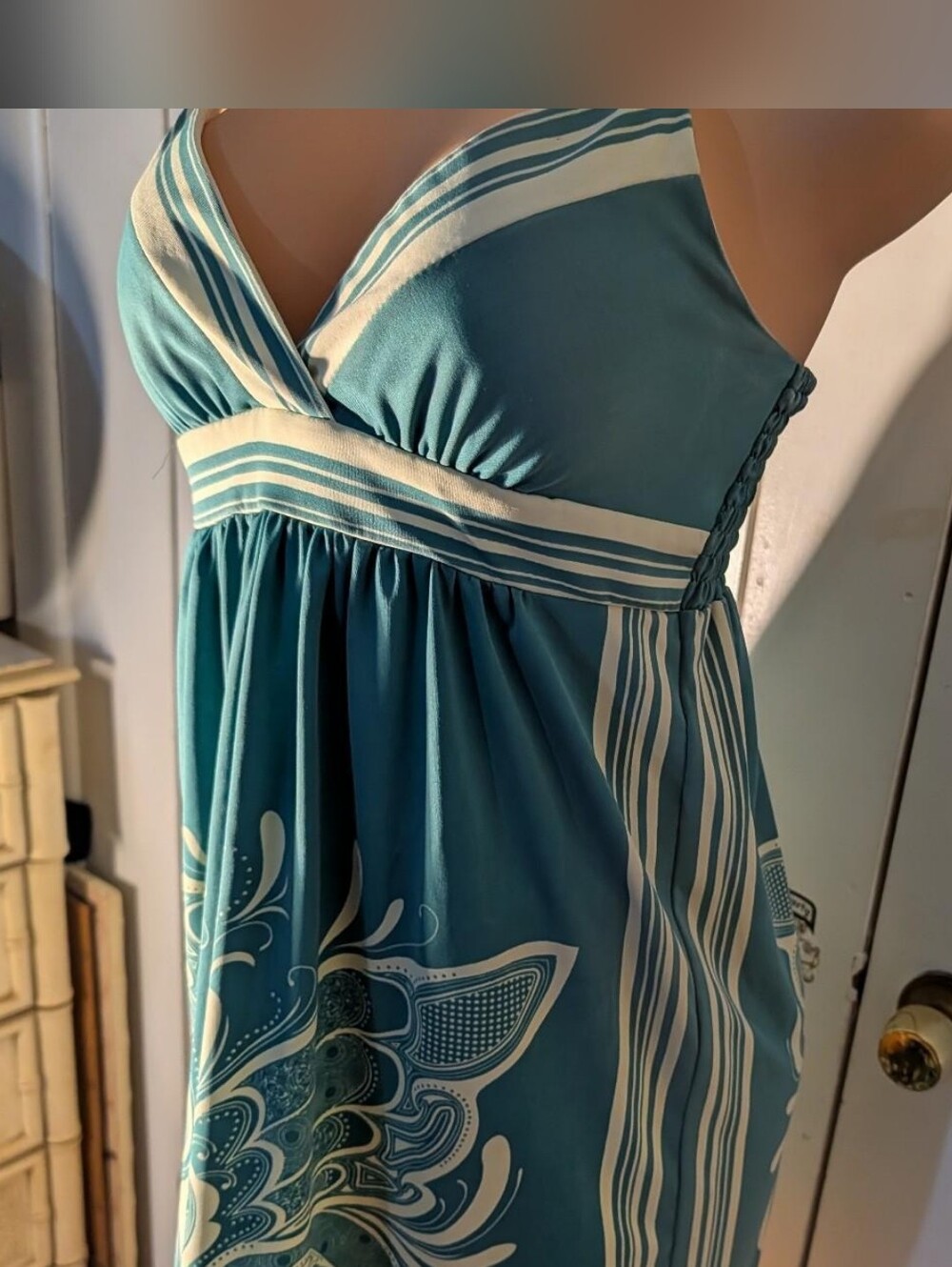 Flying Tomato Teal maxi dress with white stripes and floral design. Size L - Picture 1 of 7